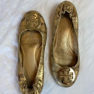 Tory Burch gold leather ballerinas